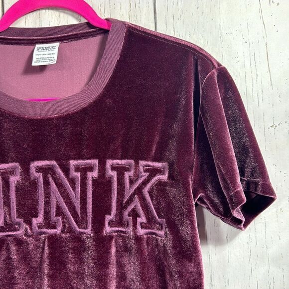 Pink Victorias Secret Velvet Y2K Cropped Short Sleeve Spell Out Burgundy Top - Picture 3 of 13
